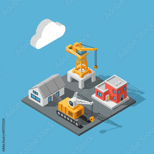 Isometric Construction Site with Crane and Buildings.