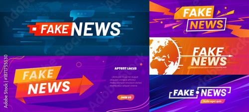 Fake news banners, live tv, social media and television channel announcement headline vector templates. Fake news speech bubbles, arrows and ribbon banners at world map and globe background