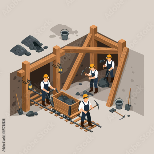 Miners working together in coal mine.