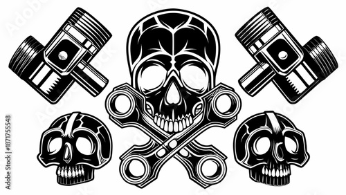 Bold skull and engine parts illustration for edgy designs