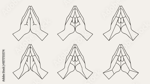 Praying hands in various positions on beige background