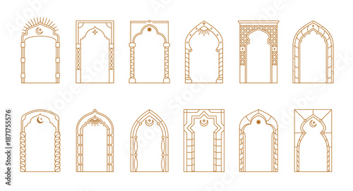 Arabian Ramadan boho arch frames with vector minimal line pattern. Muslim mosque window and door arch frames with islamic moon, star and aesthetic boho ornaments. Ramadan Kareem and Eid Mubarak themes