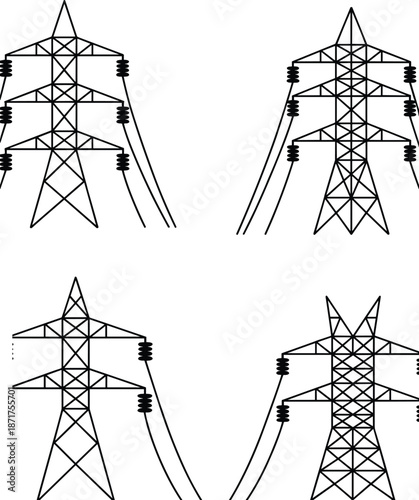 Electric transmission tower set, power line structures, high voltage pylons, electricity infrastructure, flat vector illustration**