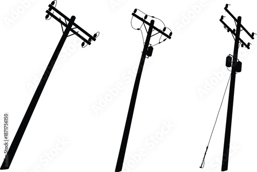 Electric utility poles with workers repairing power lines, maintenance silhouette, electricity transmission infrastructure, industrial energy repair illustration on white background