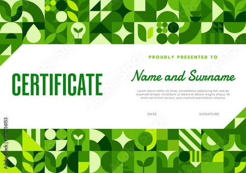Environment ecology business certificate with geometric Bauhaus pattern. Planet saving vector certificate, environment sustainability official letter. Ecology protection award with Bauhaus shapes