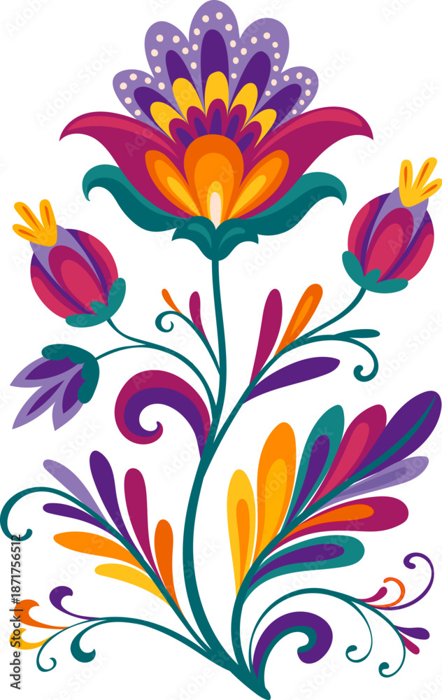 Fototapeta premium Mexican folklore traditional abstract flower decoration with purple and orange leaf petal. Latin American folk nature decor, Mexican ethnic isolated vector flower. Hispanic culture floral decoration