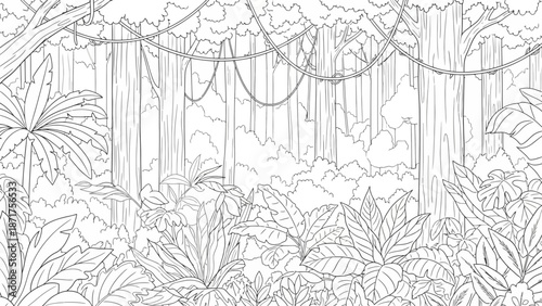 Detailed Tropical Jungle Landscape Illustration with Lush Foliage and Vines for Coloring Book Pages