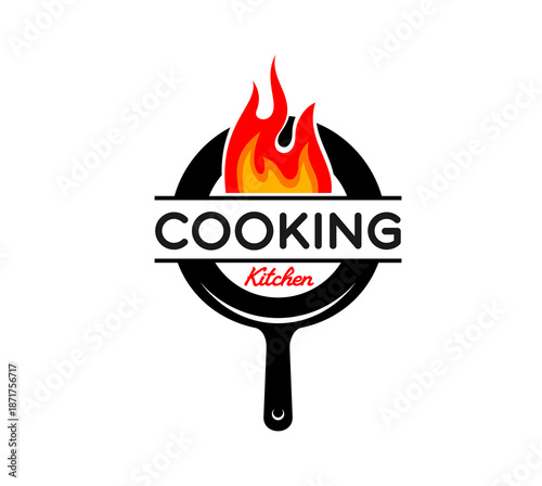 Street cafe grill menu pan cook icon or patch. Cafe cuisine menu emblem, Asian culinary WOG pan vector label. Fast food kitchen cooking utensil icon or badge with cast iron pan and hot fire flames