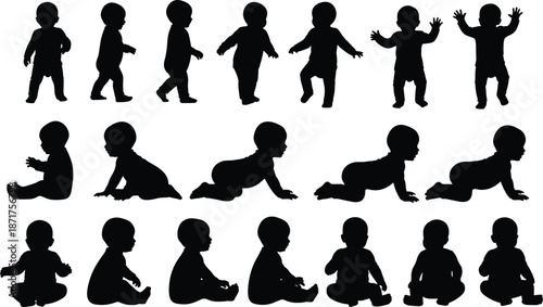 Baby silhouette activity set showing crawling, sitting, standing and walking stages, infant development concept, black and white isolated illustration
