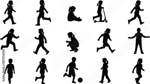 Children silhouette activity set with running, walking, sitting, playing and scooter riding poses, playful childhood motion, black and white illustration