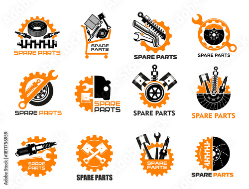 Car spare parts icons of auto mechanic repair service, garage or workshop. Vector car spare parts in shopping cart, automotive gear, wrench and spanner tools, engine piston and wheel tire symbols