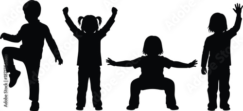 Children silhouette set performing playful actions, jumping, standing and squatting poses, active childhood expression concept, black and white isolated illustration