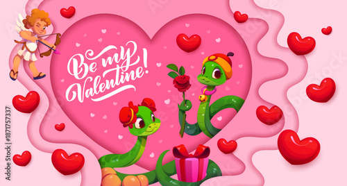 Paper cut Valentine day greeting card with cherub and snakes. Vector holiday banner featuring two cartoon reptiles exchanging rose and gift inside a pink 3d heart frame, cute cupid aiming a love arrow