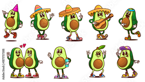 Cartoon funny groovy avocado characters playing guitar with sombreros. Cute retro groovy avocado halves vector emoji with party hat, sun cap and water bottle. Loving couple of green fruits with hearts