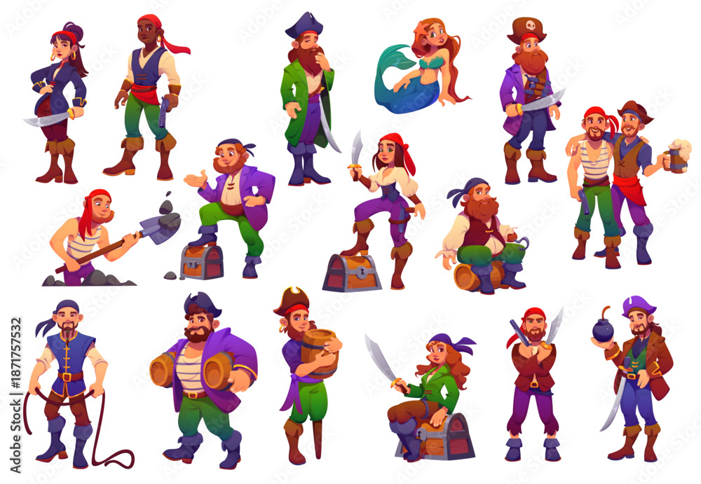 Φωτογραφία Cartoon pirate corsair characters, captain and sailor, boatswain, skipper and mermaid vector personages