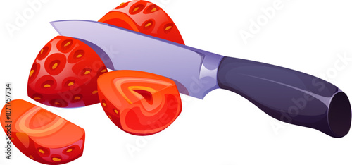 Cartoon strawberry being sliced with a knife, featuring ripe juicy flesh and glossy knife handle, representing food cooking process. Kitchen utensil and cook food recipe from fresh garden berries