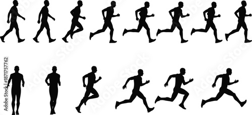 Running man silhouette sequence from walking to sprinting, athletic motion study and fitness training concept, black and white isolated illustration