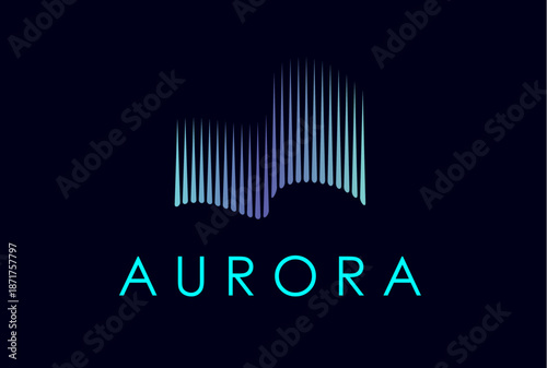 Northern sky aurora borealis wave light icon with gradient light beams on dark night sky background. Vector emblem in blue glowing spectrum, polar night arctic glow, North Pole aurora borealis wave