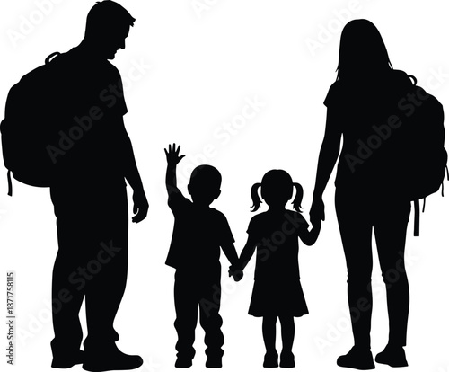 Family silhouette with backpacks, parents holding hands with children, boy waving, travel adventure, hiking tourists, isolated on white background, vector illustration, tourism concept