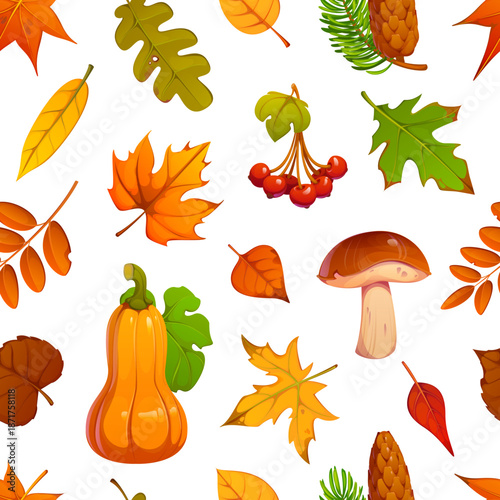 Autumn fall leaves, mushrooms, berry and acorn harvest seamless pattern. Vector cozy seasonal harvest tile background with cartoon bright fall forest foliage, mushrooms, pumpkin, berries and pinecones