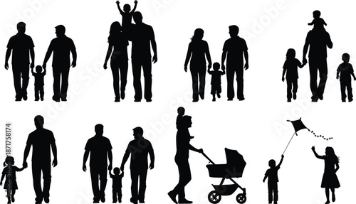 Family silhouettes, parents with children, walking, playing, stroller, kite flying, parenting, bonding, love, togetherness, flat vector illustration