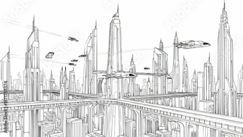 Futuristic Cityscape Drawing with Flying Vehicles.