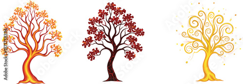 Fantasy autumn trees with glowing branches, magical swirls, vibrant colors, and lava-inspired trunks, surreal seasonal artwork for nature themes.