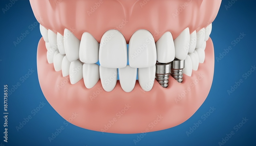 Obraz premium Dental implants with metal screw in human jaw 3d illustration