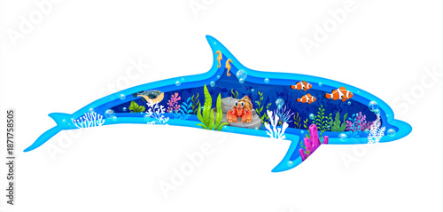 Paper cut dolphin silhouette with underwater landscape. 3d vector papercut frame in shape of playful ocean animal body with serene aquatic vegetation, seaweeds, bubbles and fish, crab, seahorse in sea