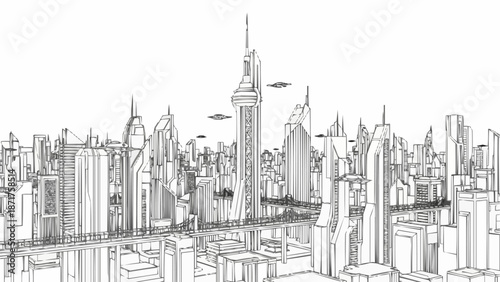 Futuristic Cityscape Drawing with Flying Vehicles.