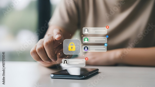 Person interacting with a smartphone displaying a secure lock icon and chat interface