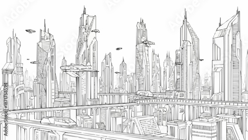 Futuristic Cityscape Drawing with Flying Vehicles.