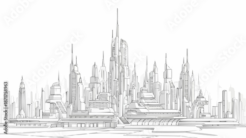 Futuristic City Skyline Drawing Architectural Design.