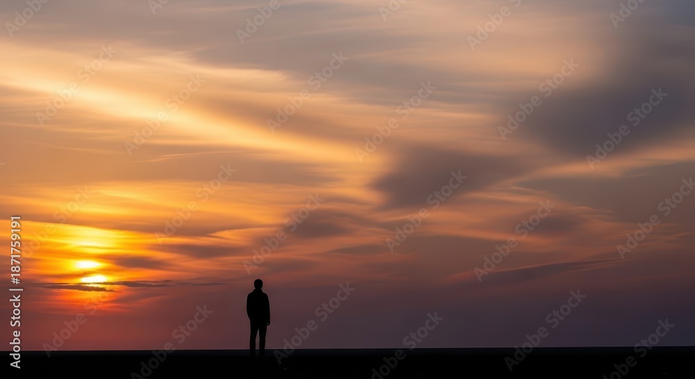 Fototapeta premium Solitary silhouette stands against a vibrant, fiery sunset sky.