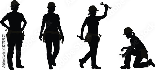 Female construction worker silhouette set, builder woman vector illustration, repair tools, labor occupation, industrial workforce design