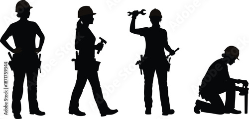 Female construction worker silhouette set, builder woman vector illustration, labor tools, industrial job, professional workforce design