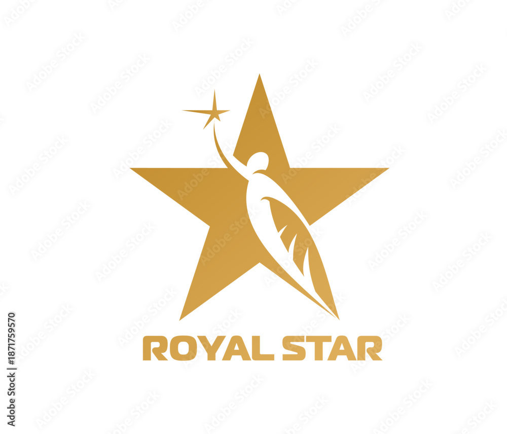Obraz premium Gold star icon, modern emblem featuring golden star with a winged figure reaching toward a smaller star in sky. Vector label symbolizing dream, excellence, ambition and prestige, luxury or leadership