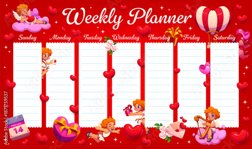 Weekly planner schedule with love hearts, Cupids and Valentines Day gifts. Romantic weekly planner vector template with cartoon Valentine Day gifts, flowers and heart balloons, love holiday week plan