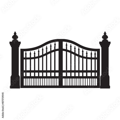 Wrought iron gates and a metal fence feature an elegant pattern design for house security and entrance decoration, blending steel architecture with a classic home construction frame