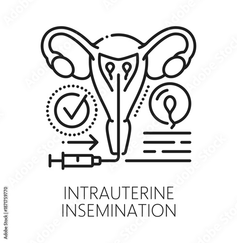 Intrauterine insemination gynecology, pregnancy line icon. Gynecology procedure medicine pictogram, urinary health and fertility vector icon. Reproductive health sign with uterus, sperm and syringe