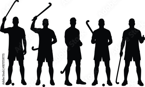 Field hockey player silhouettes, holding sticks, action poses, black vector illustration, isolated, sports concept, team game