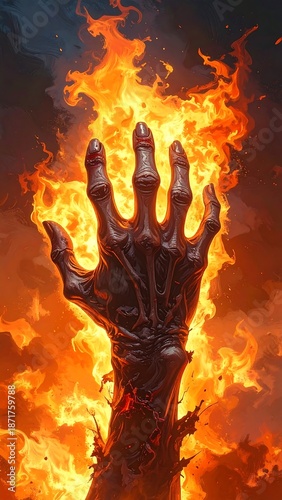 A skeletal hand emerges from a raging inferno, reaching upward