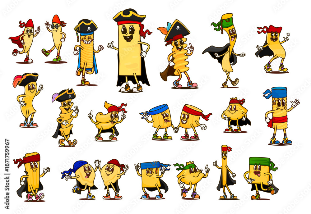 Obraz premium Cartoon funny groovy italian pasta pirate characters wearing captain black hats and bandanas. Vector retro groovy macaroni food pirates and corsairs, happy rigatoni, lasagna and fusilli pasta shapes