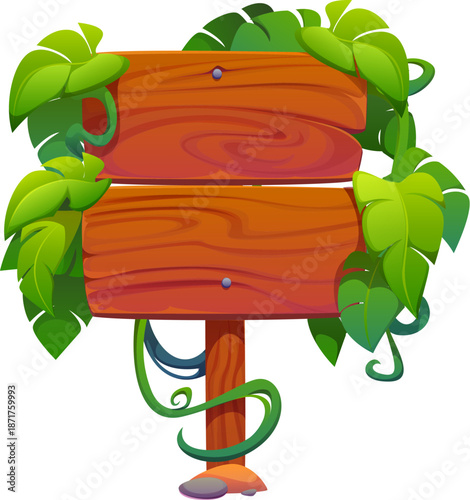 Cartoon wooden sign board decorated with tropical jungle leaves and lianas. Wood signboard with creeper plants, roots or thicket. Vector direction sign, banner on pole with hanging rainforest greenery