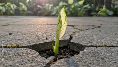Determined sprout emerging from cracked concrete, backlit by sunlight, signifying resilience and hope against adversity, symbolizing new beginnings.