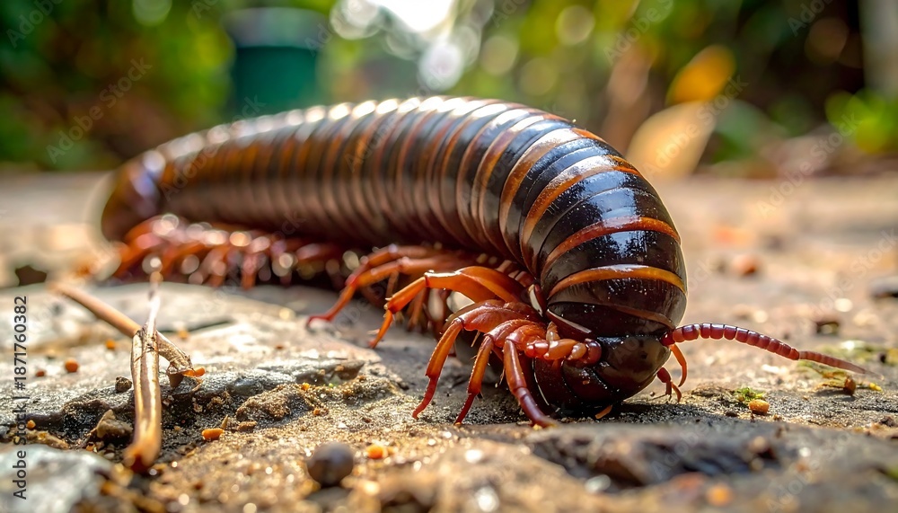Fototapeta premium Macro shot of a giant millipede on a cracked concrete surface
