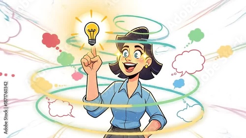 Woman having Eureka moment; 2D animation of idea and problem solving.