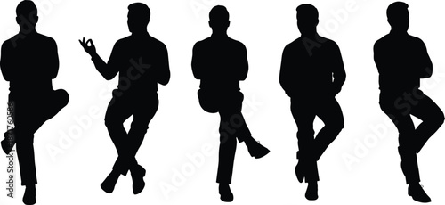 Five seated human silhouettes in various poses, artistic black and white design, minimalist illustration, stock photo