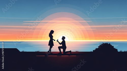 Man Proposing to Woman at Sunset on Cliff by Ocean, Silhouette