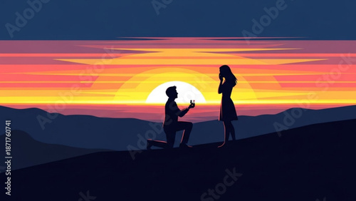 Man Proposing to Woman on Hill during Sunset